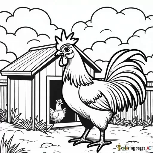 realistic rooster and chickens inside a chicken coop, childrens coloring book page, black and white line art, bold thick outlines, no shading, easy to color
