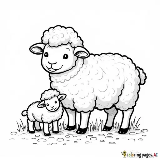 realistic sheep with a lamb on grass, childrens coloring book page, black and white line art, bold thick outlines, no shading, easy to color