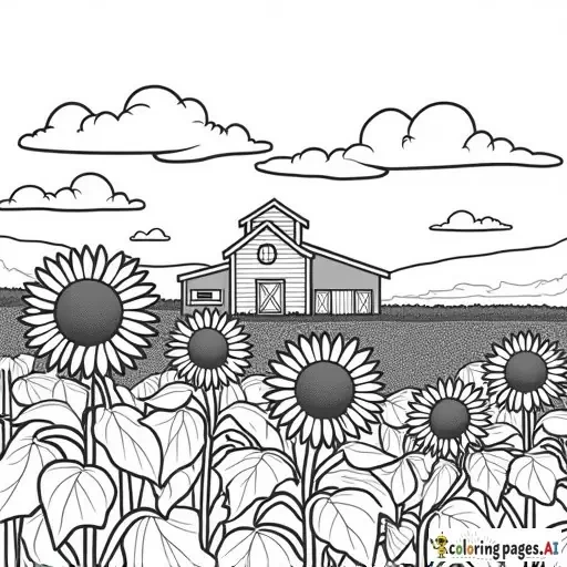 realistic sunflower field on a farm, childrens coloring book page, black and white line art, bold thick outlines, no shading, easy to color