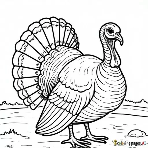realistic turkey with spread feathers on farmyard, childrens coloring book page, black and white line art, bold thick outlines, no shading, easy to color