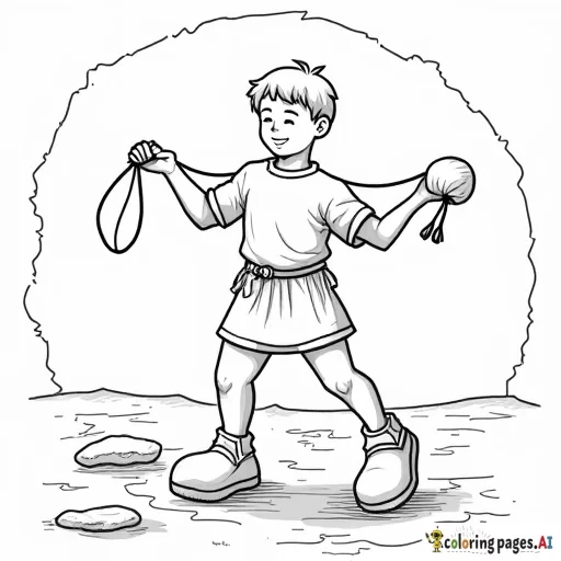 rope sling shot, five stones, simple line drawing, no shading