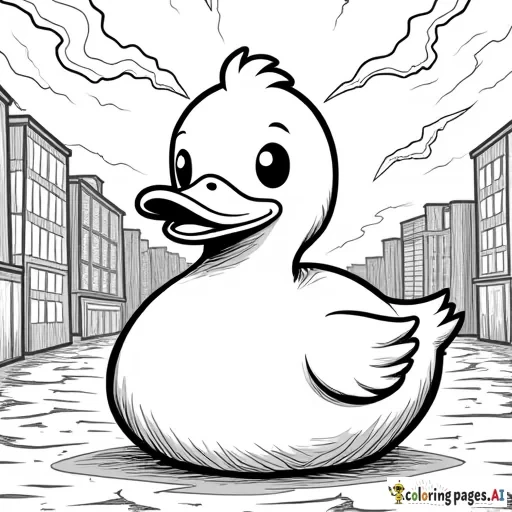 Rubber duck gang member in a urban background during a storm at night with lightning strikes in sky
