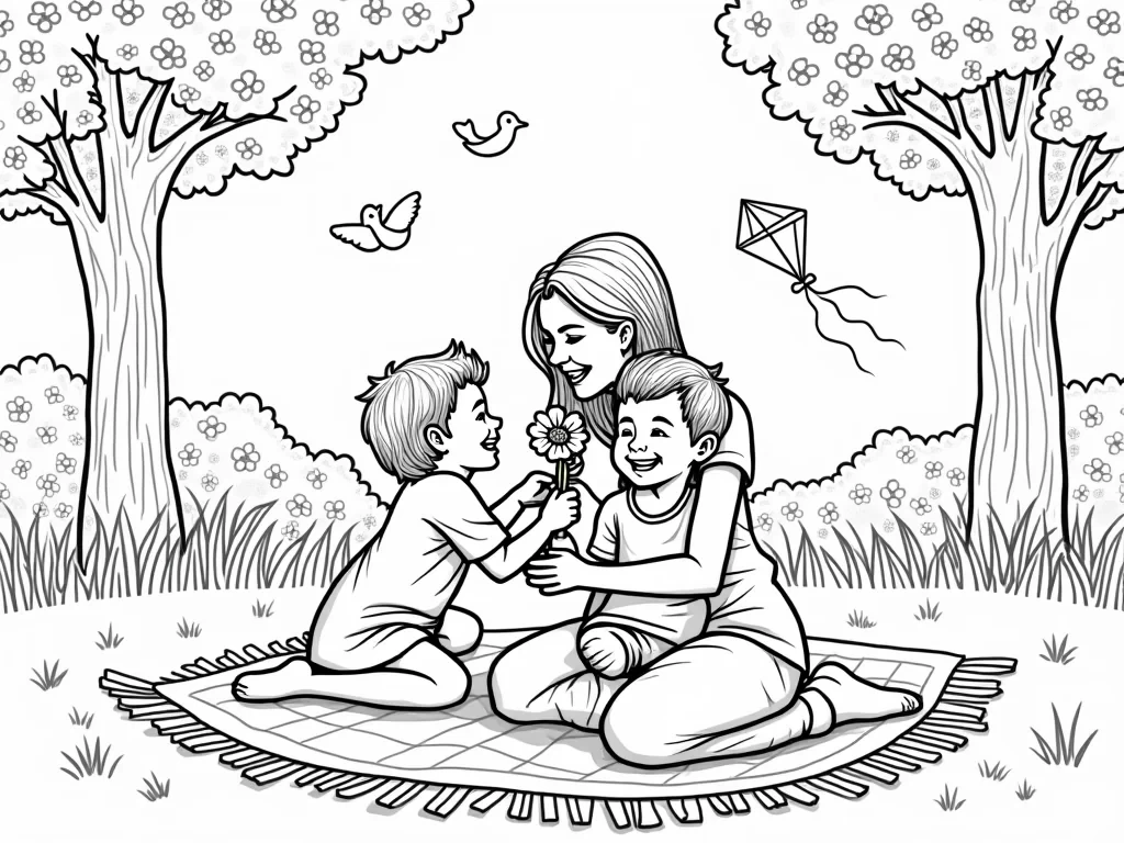 A loving mom is sitting on a cozy picnic blanket in a sunny park with her two children. One child, a 5-year-old girl, is handing her mom a flower she picked, while the 3-year-old boy is hugging his mom’s arm with a big smile. The mom is laughing, enjoying the sweet moment with her kids. In the background, there are trees with colorful flowers, a kite flying in the sky, and a few playful birds perched on a nearby tree. The sun is shining brightly, and the whole scene is full of warmth and love, with big, simple shapes perfect for kids to color.