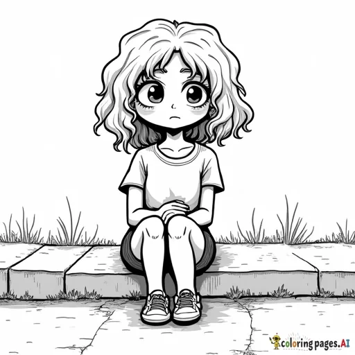 sad girl with curly hair sitting on curb