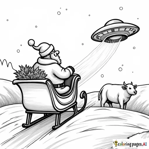 Santa Clause in his sleigh with a UFO-like beam abducting a cow