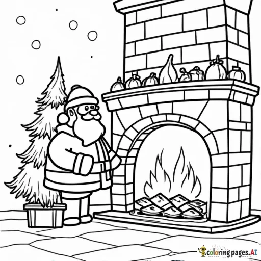 Santa Clause next to a fireplace with a christmas tree