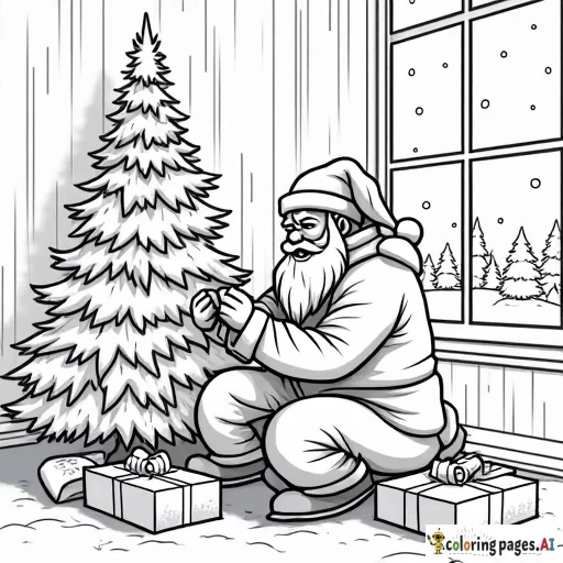santa clause wrapping presents near a christmas tree, with a snow landscape visible through a window, thick lines, low detail