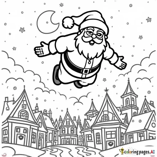 Santa flying over a christmas town with Spiderman walking through the town