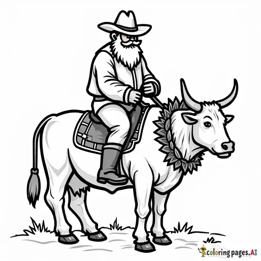 santa with cowboy boots and a cowboy hat, riding a a cow with a wreath around its neck