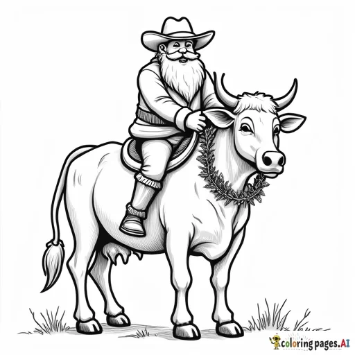 santa with cowboy boots and a cowboy hat, riding a a cow with a wreath around its neck