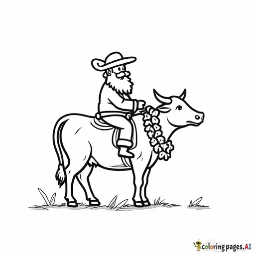 santa with cowboy boots and a cowboy hat, riding a a cow with a wreath around its neck