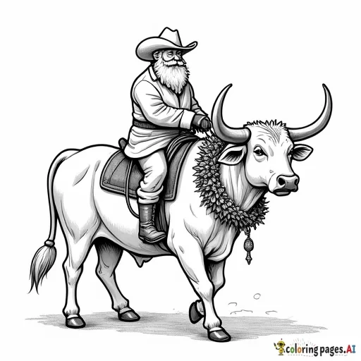 santa with cowboy boots and a cowboy hat, riding a a cow with a wreath around its neck