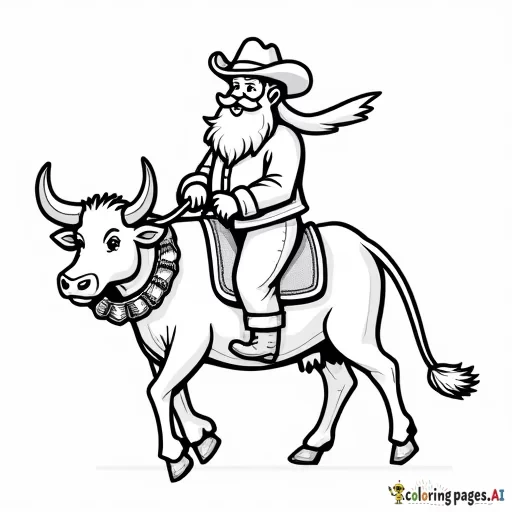 santa with cowboy boots and a cowboy hat, riding a a cow with a wreath around its neck