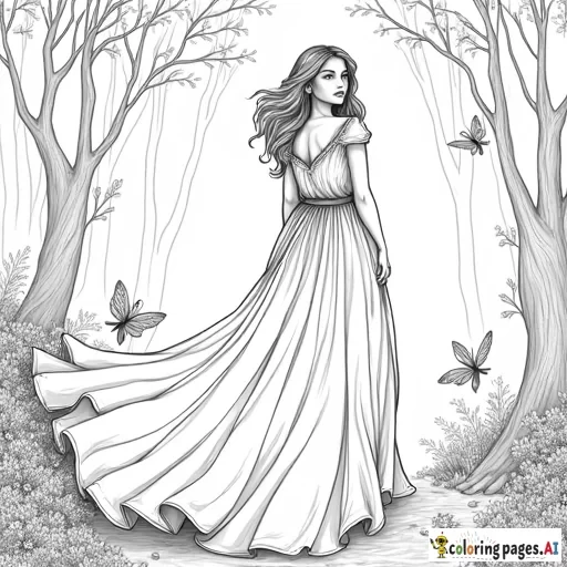 semi-realistic, beautiful woman wearing a long flowy dress in an enchanted forest with fairies