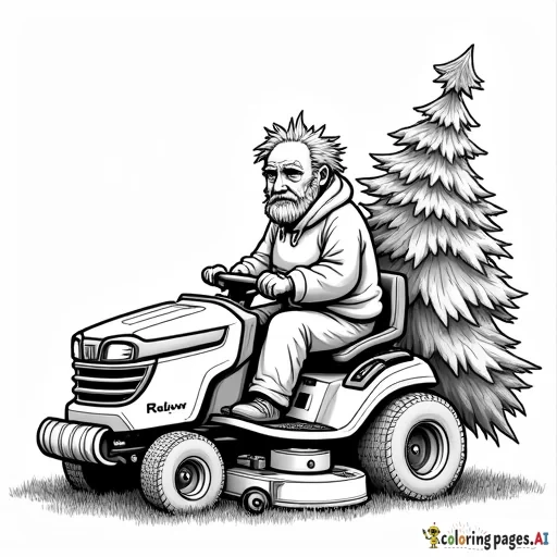 shaggy hair old man on a zero turn lawn mower with a christmas tree being driven home