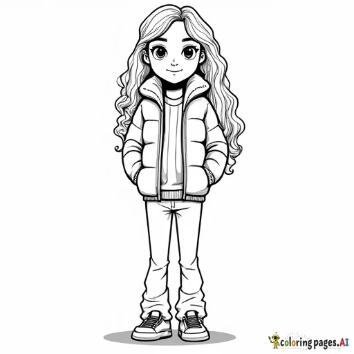 Short and cute 9 yr girl with long curly hair down to her waist. She is wearing flared pants, sneakers, and a puffy jacket that is zipped up