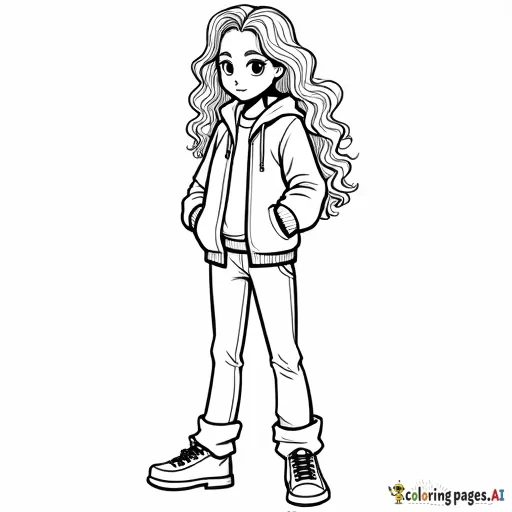 Short and cute 9 yr girl with long curly hair down to her waist. She is wearing flared pants, sneakers, and a cool zipped-up jacket