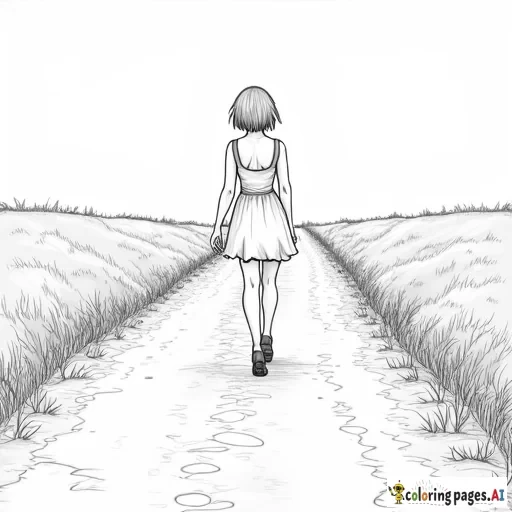 Short-haired petite curvy woman walking away from us down a dirt road