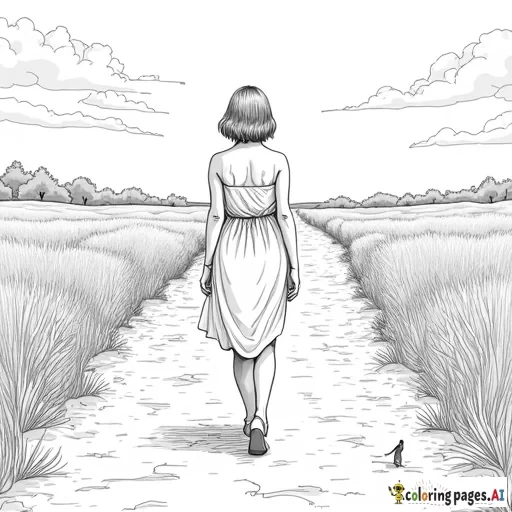 Short-haired petite curvy woman walking away from us down a dirt road