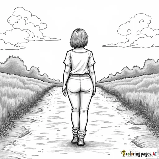 Short-haired petite curvy woman walking away from us down a dirt road