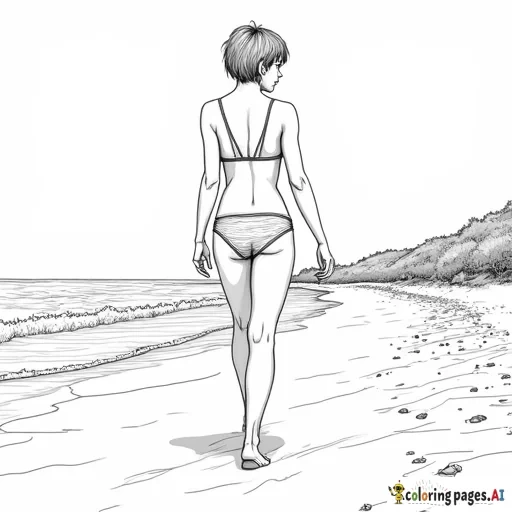 Short-haired petite curvy woman walking towards us down a beach in a bikini
