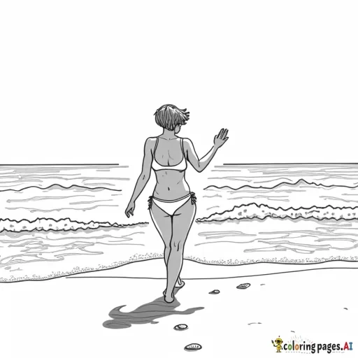 Short-haired petite curvy woman walking towards us  waving at the beach in a bikini