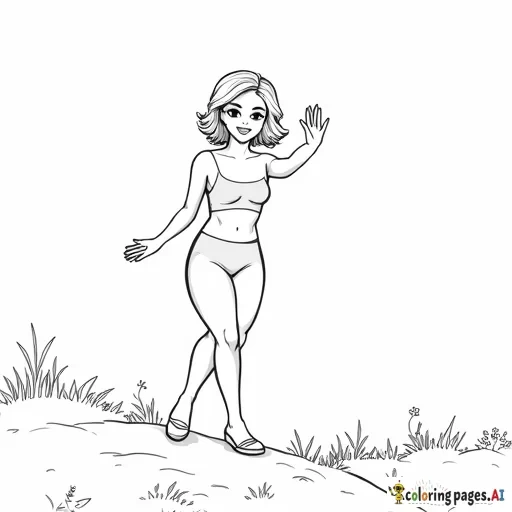 Short-haired petite curvy woman  waving at us from on top of a hill