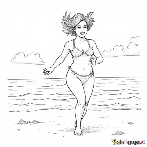 Short-haired petite very curvy woman  running towards at us from down the beach in a tiny bikini