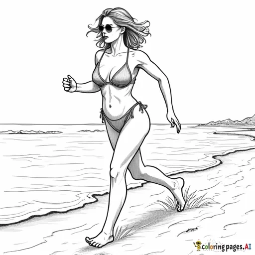 Short-haired petite very curvy woman  running towards at us from down the beach in a tiny bikini