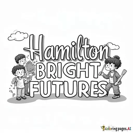 Simple black-and-white line drawing of the text ‘Hamilton Bright Futures,’ with diverse ethnic children playing around the text, coloring book style.” - Free Printable Coloring Page