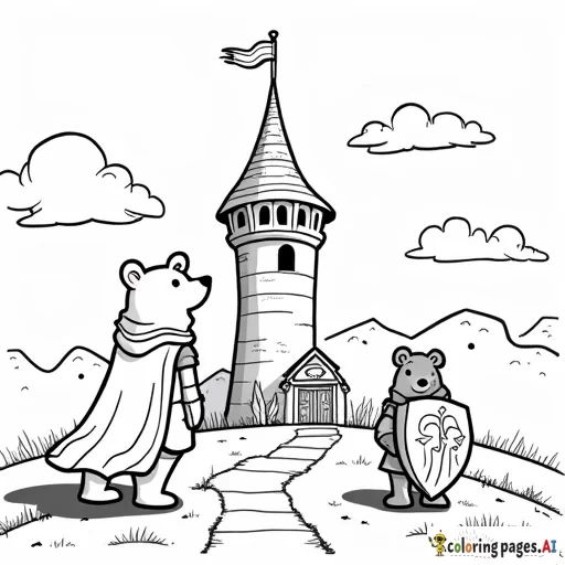 Simple cartoony A bear knight  in shining armour looking up at a tower in a fantasy land