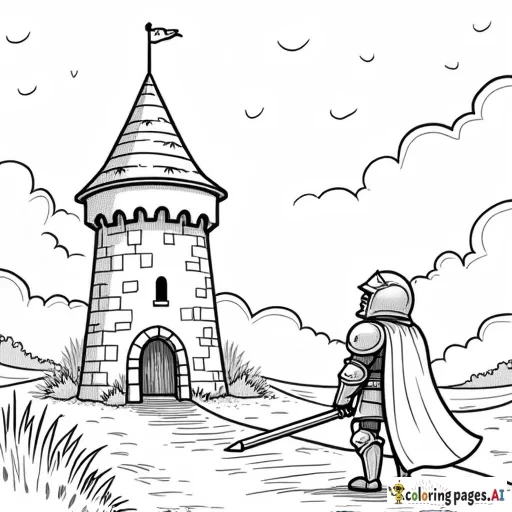 Simple cartoony A knight in shining armour looking up at a tower in a fantasy land