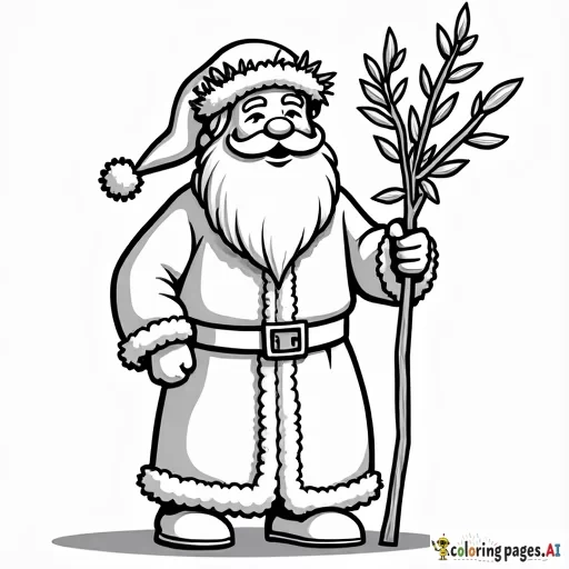 simple full figure cartoon of father christmas of england with holly wreath on head and holding a staff of holly branches, no grayscale
