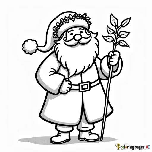 simple full figure cartoon of father christmas of england with holly wreath on head and holding a staff of holly branches