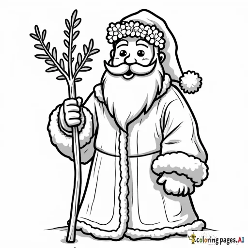 simple full figure cartoon of father christmas of england with holly wreath on head and holding a staff of holly branches, no grayscale, no shadows, no hat