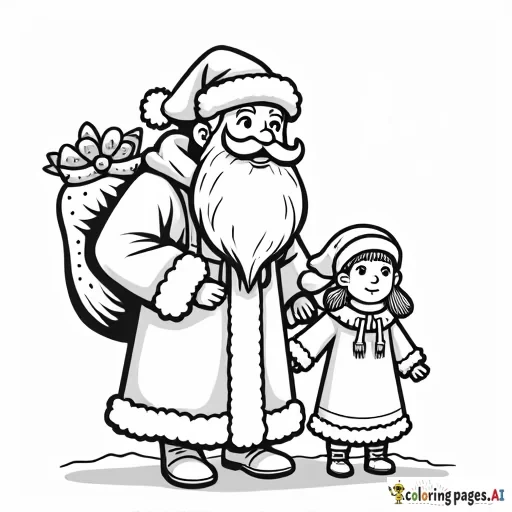 simple full figure cartoon of father frost of russia with sack of presents and daughter