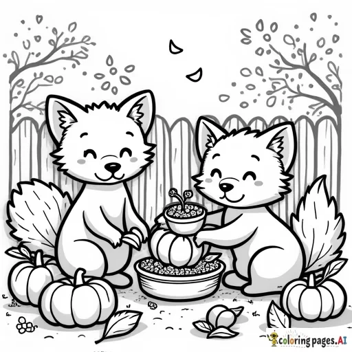 Simple line drawing of cute fuzzy fox characters planting vegetables in the garden, surrounded by autumn fruits like apples and pumpkins. The background is a quaint farmhouse. A coloring book page for kids, with vector crisp lines, bold outline, white background, simple design, no shading, no color, no shadows, no details, no textures, no gradients, in the style of vector illustration, flat art style, simple, white background, vector graphic logo, no shadow, simple