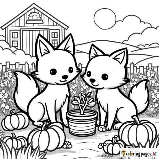 Simple line drawing of cute fuzzy fox characters planting vegetables in the garden, surrounded by autumn fruits like apples and pumpkins. The background is a quaint farmhouse. A coloring book page for kids, with vector crisp lines, bold outline, white background, simple design, no shading, no color, no shadows, no details, no textures, no gradients, in the style of vector illustration, flat art style, simple, white background, vector graphic logo, no shadow, simple