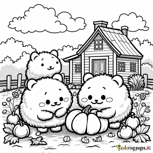 Simple line drawing of cute fuzzy ROUNDED characters planting vegetables in the garden, surrounded by autumn fruits like apples and pumpkins. The background is a quaint farmhouse. A coloring book page for kids, with vector crisp lines, bold outline, white background, simple design, no shading, no color, no shadows, no details, no textures, no gradients, in the style of vector illustration, flat art style, simple, white background, vector graphic logo, no shadow, simple