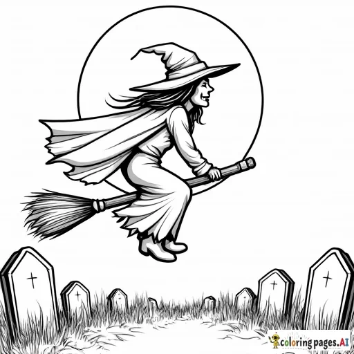 simple witch on a broom with the moon in the back and a graveyard below