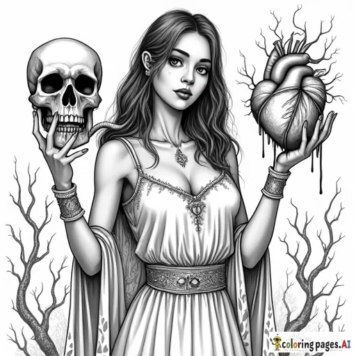 sinister female holding a skull in one hand with a snake coming from the mouth and a beating heart with blood pouring in the other with a hellish surrounding environment