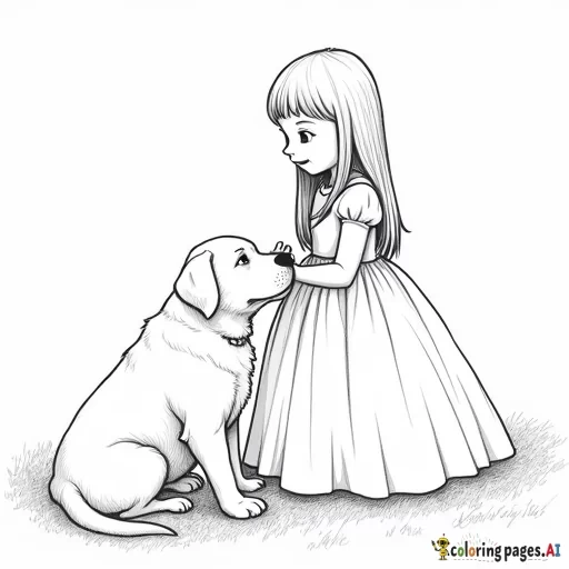 six month old labrador retriver girl playing with a little 7 year old girl in a ball gown with bangs and shoulder length hair