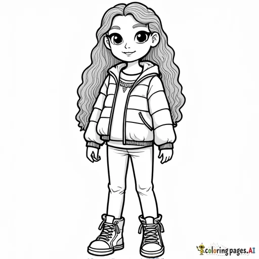(small and cute 9 yr girl) with (long wavy hair down to her waist). She is wearing (kick flare pants), (high top sneakers), and a (puffy jacket that is zipped up all the way) in the style of Moana