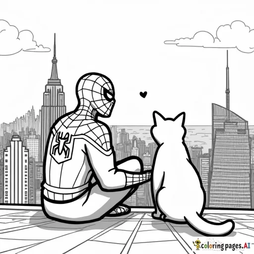 Spider-Man and a friendly cat watching the city skyline together from a high rooftop.