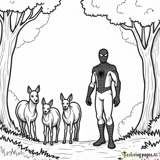 Spider-Man and a group of animals, leading them through a forest like a superhero safari.