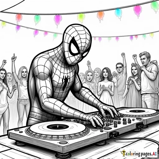 Spider-Man as a DJ, mixing tracks at a rooftop party with colorful lights and dancing guests.
