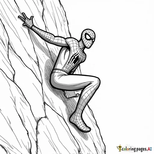 Spider-Man as a rock climber, scaling a massive cliff with his webbing for extra support.