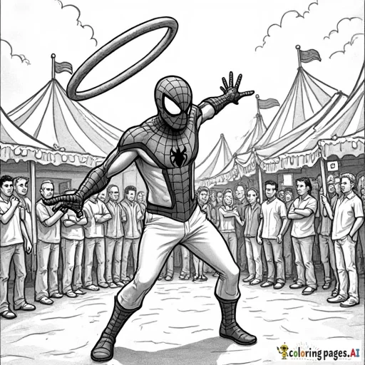 Spider-Man attending a carnival, juggling rings for an amazed crowd of onlookers.