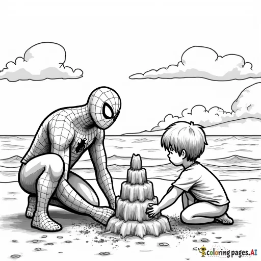 Spider-Man building a sandcastle on a beach, with kids helping him decorate it.