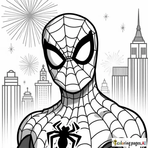 Spider-Man celebrating the New Year with fireworks lighting up the city skyline behind him.